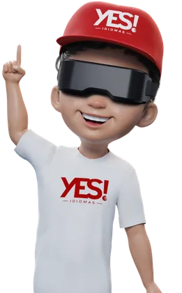 Mascote YES com óculos de realidade virtual apresentando o e-book gratuito de Inteligência Artificial